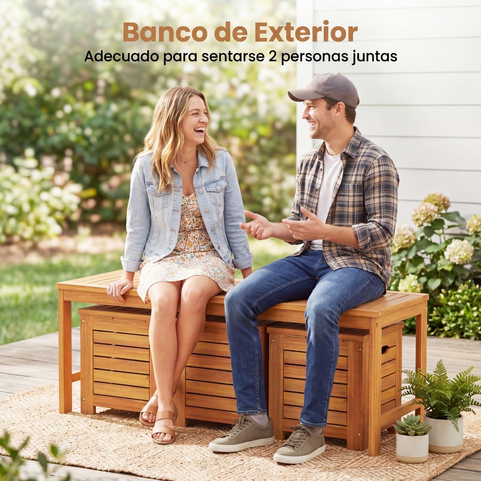 COSTWAY Banco Jardín de Madera Acacia con 3 Cajas de Almacenamiento, Banco Exterior sin Respaldo con Listones, Cajas de Tapa, Terraza Porche Balcón Piscina, 115 x 45 x 46 cm