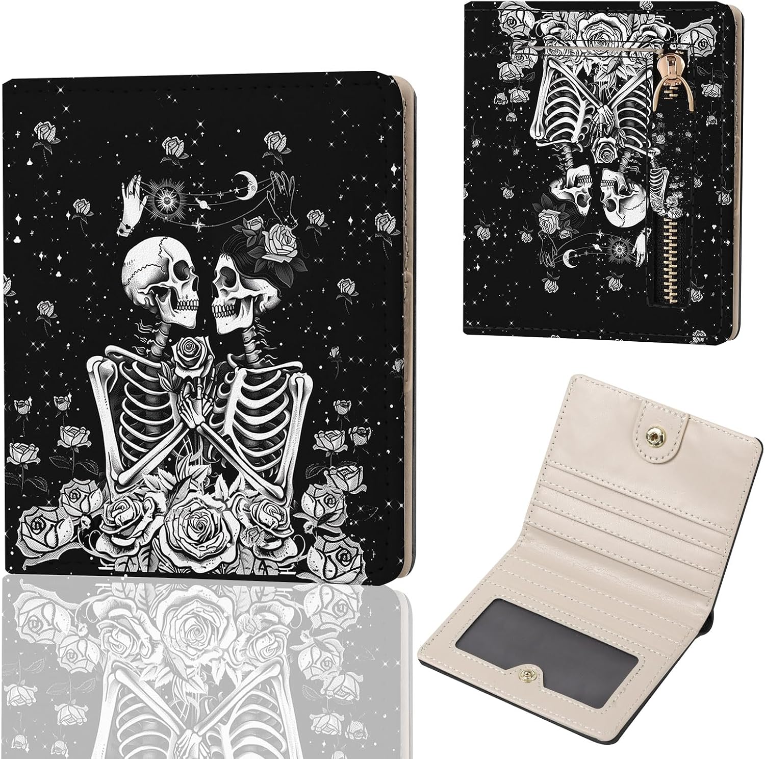 Small Women's Wallet, RFID Blocking Slim Bifold Purse, Compact PU Leather Card Holder with ID Window & Zipper Coin Pocket, Travel Wallet for Ladies & Teen Girls,Couple Skeletons