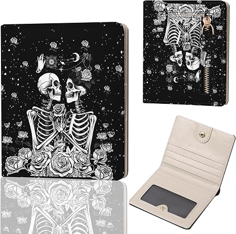 Small Women's Wallet, RFID Blocking Slim Bifold Purse, Compact PU Leather Card Holder with ID Window & Zipper Coin Pocket, Travel Wallet for Ladies & Teen Girls,Couple Skeletons