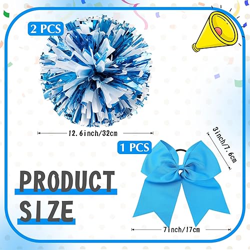 Miniatura 239 de Hanaive 3 pompones de animadora y lazo grande para animadora para el pelo, suministros metálicos para animadora de espíritu de equipo, deportes