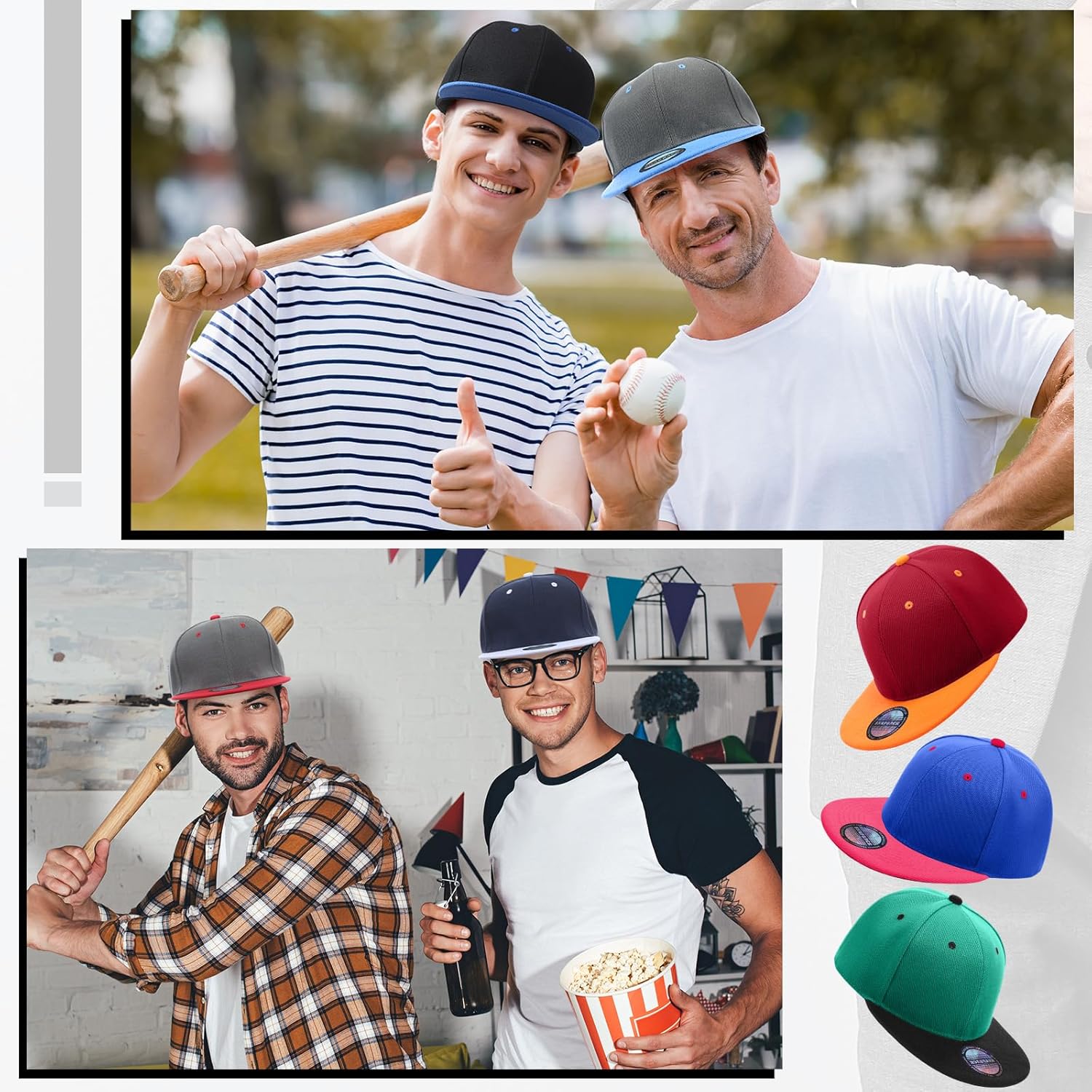 Toulite 60 Pcs Snapback Hats for Men Hip Hop Style Plain Blank Flat Bill Hats Solid Flat Brim Adjustable Baseball Caps Bulk