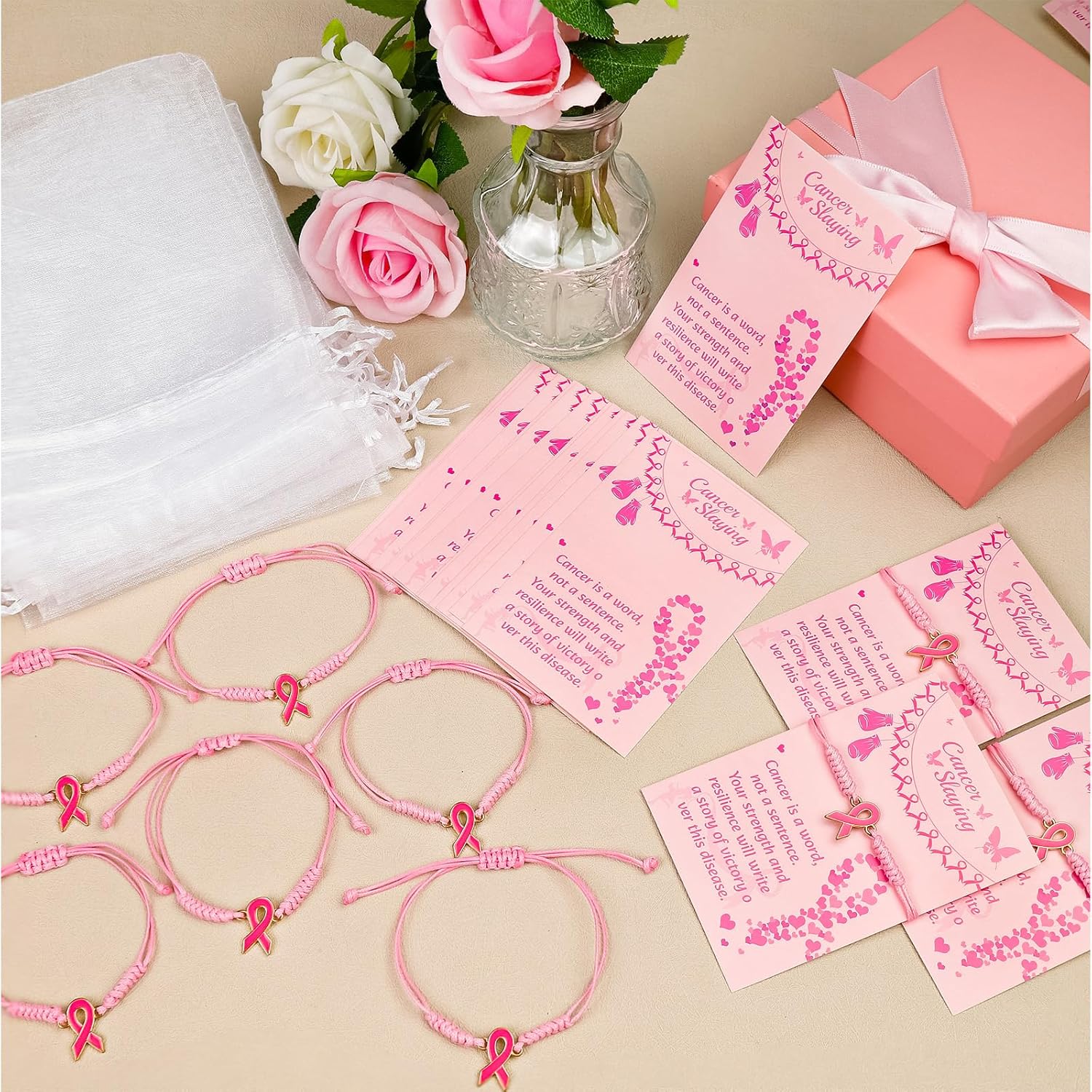 LUYI 24 Set Breast Cancer Awareness Bracelets with Card Adjustable Cord Pink Ribbon Braided Bracelets Breast Cancer Awareness Accessories Party Favors Items Gifts for Women - Image 7