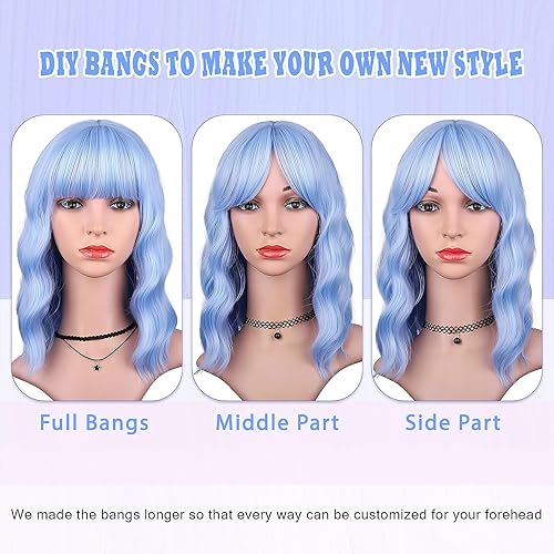 Miniatura 4 de HAIRUP Peluca mitad negra y mitad blanca con flequillo para mujer, peluca corta ondulada y rizada estilo Bob de 14 pulgadas de longitud al hombro,