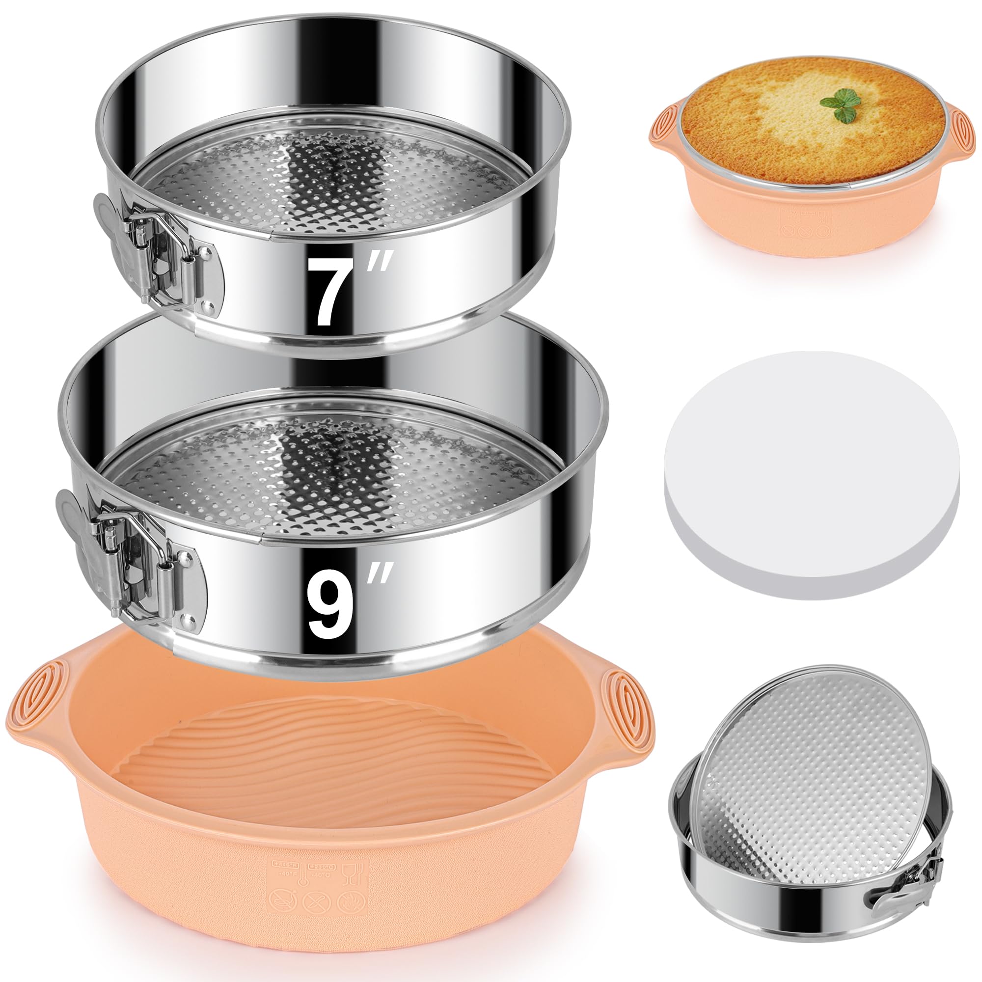 7, 9 Inch Springform Pan, Nonstick 304 Stainless Steel Cake Pans with Removable Bottom, Leakproof Springform Pan for Cheesecake with Silicone Pans Protector & 50PCS Parchment Paper, Dishwasher Safe