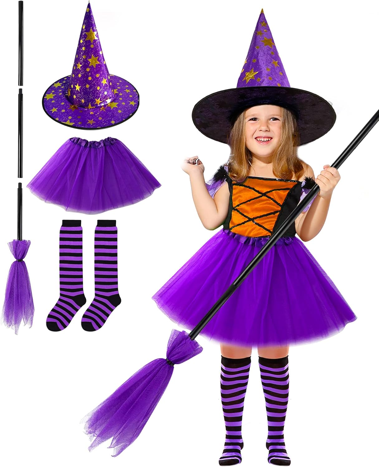 MISS FANTASY Halloween Witch Costume Accessories Girls Including Witch Hat and Broom for Girls Witch Purple Tutu Toddler Striped Witch Socks for 4-6 Kids Halloween Party Favors : Toys & Games