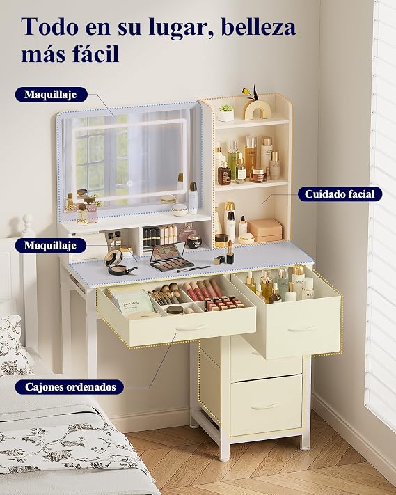Kitsure Makeup Vanity with Mirror and Lights, 90 x 45 x 133 cm