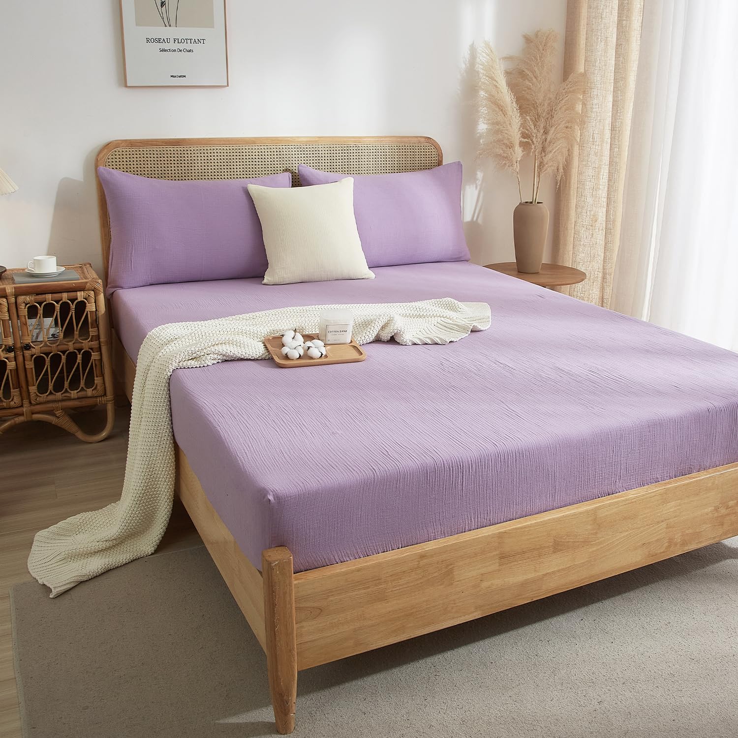 Lenzuolo con angoli in mussola di cotone 180x200cm, lenzuolo sotto con angoli, colore lilla, tinta unita, lenzuolo sotto in mussola di cotone per letto matrimoniale con materasso alto fino a 25