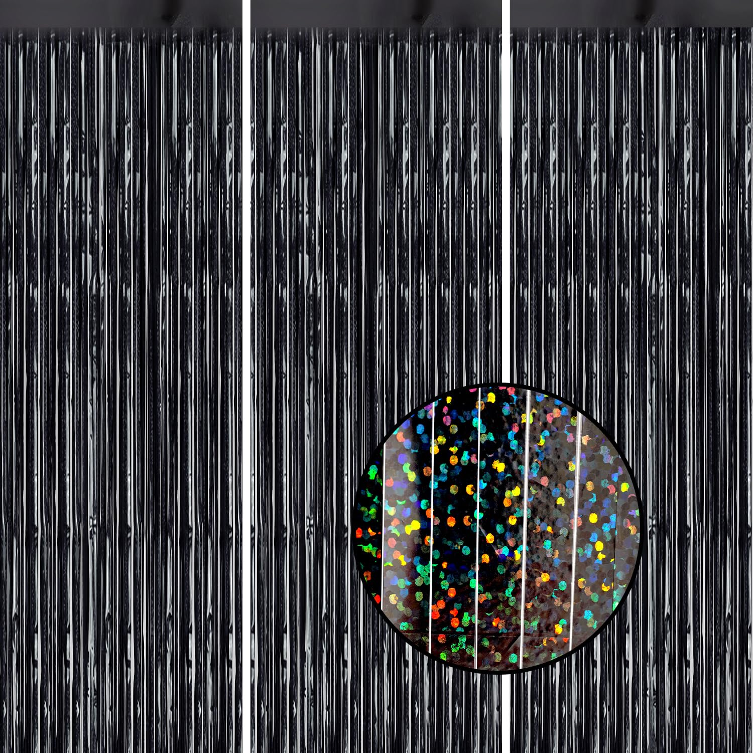 DECOCKRAT 3 Pack Foil Fringe Backdrop - Laser Black Shiny Tinsel Curtains for Party Decoration/Photo Booth Props - 3.3x8.2 FT Metallic Foil Backdrop for Birthday, Wedding, Graduation, Christmas.