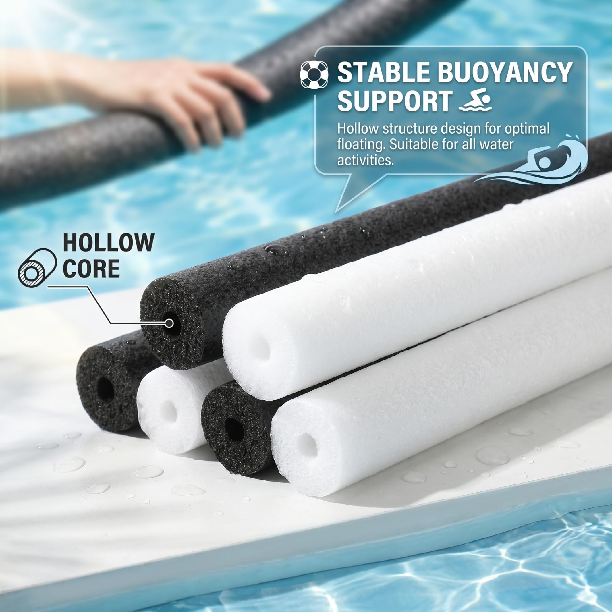 Schwimmnudeln 6er-Packung mit Löchern hochdichte Schwamm-Schwimmnudeln 3 weiße und 3 Schwarze