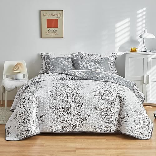 Miniatura 8 de UOZZI BEDDING 3 Pieces Reversible Quilt Set Gray White Branch with Yellow Dots Queen Full Size 88x88 Soft Microfiber Lightweight Summer Coverlet