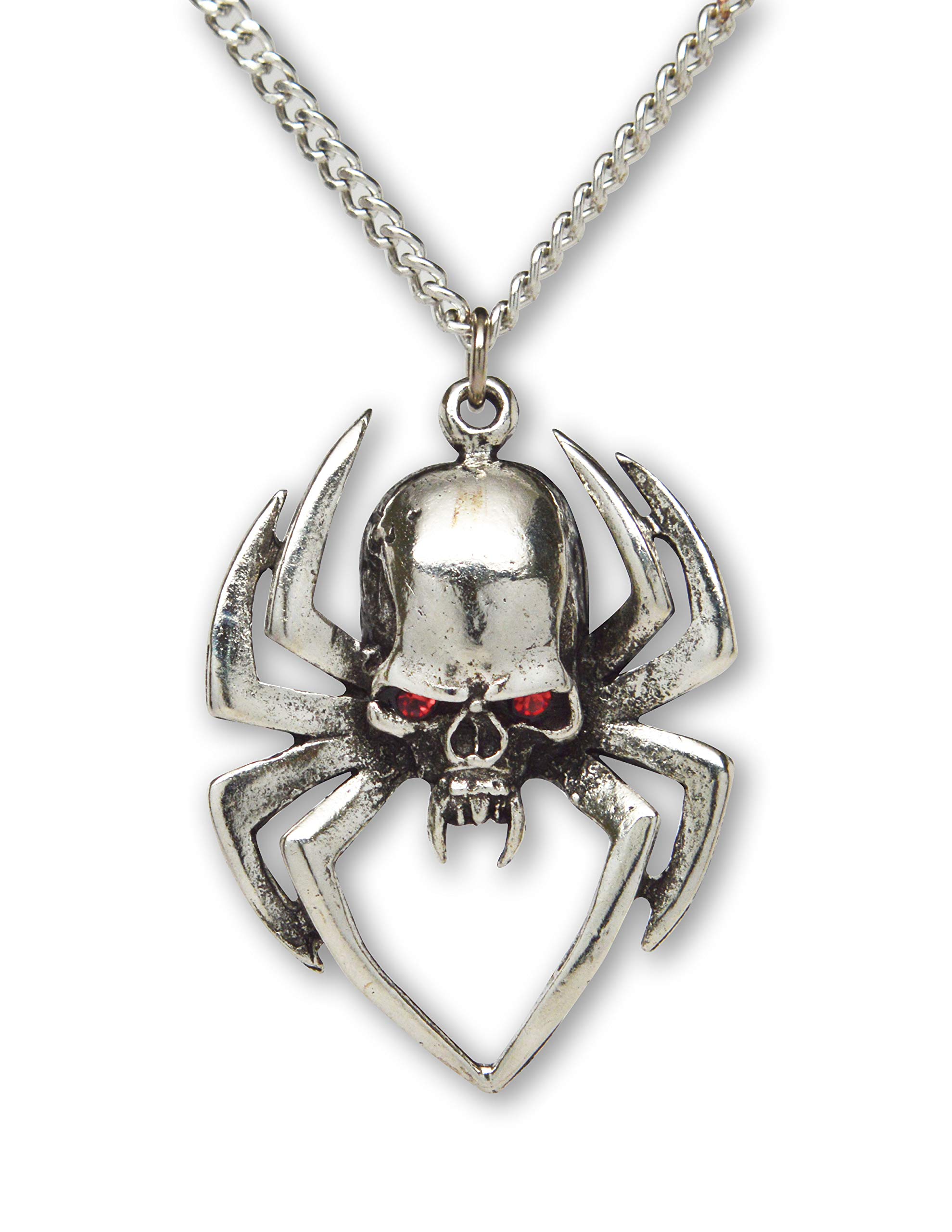 Real Metal Gothic Spider Skull with Red Austrian Crystals Silver Finish Pendant Necklace