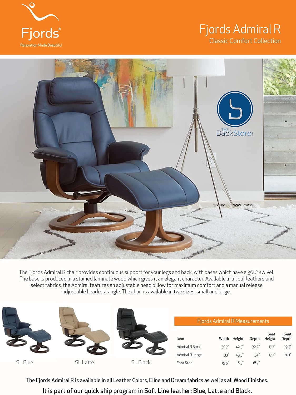 Fjords Admiral R product sheet with dimensions for Small and Large models and Foot Stool