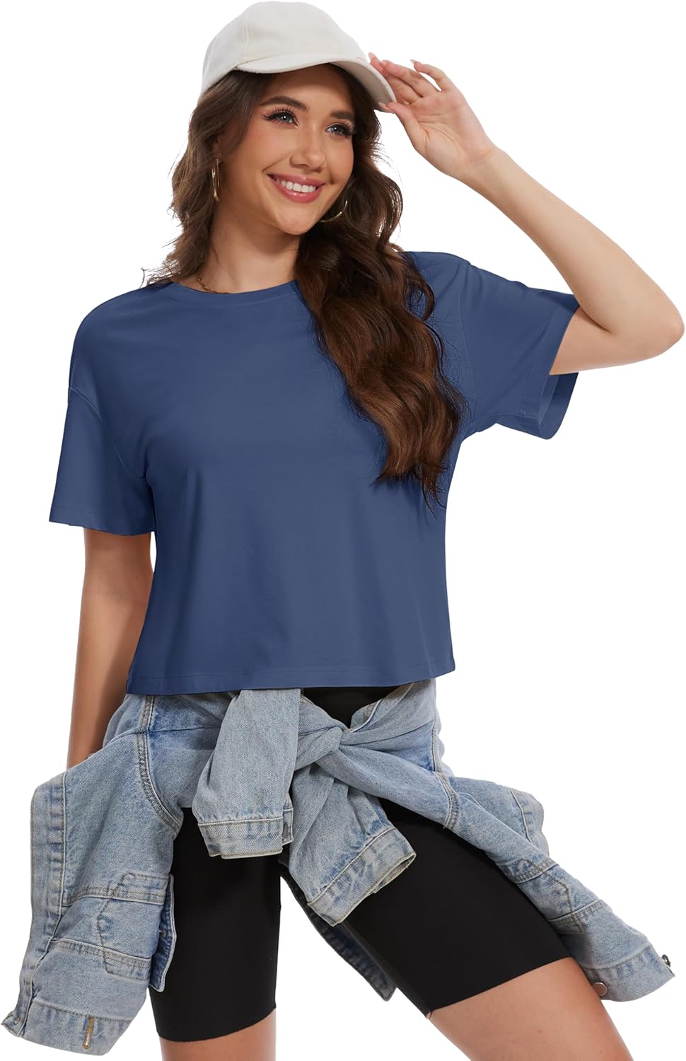 YUCOLEN Women's Crop Tops Summer Short Sleeve Cotton UPF 50+ Round Neck Casual Loose Cropped T-Shirts Solid Basic Tees - Image 5