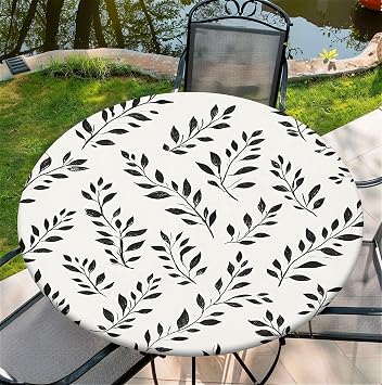 Round Fitted Tablecloth with Elastic Edge for 44in Tables,Washable Table Cover for Party Picnic Dinner Farmhouse Tabletop Decor - Watercolor Black Leaves