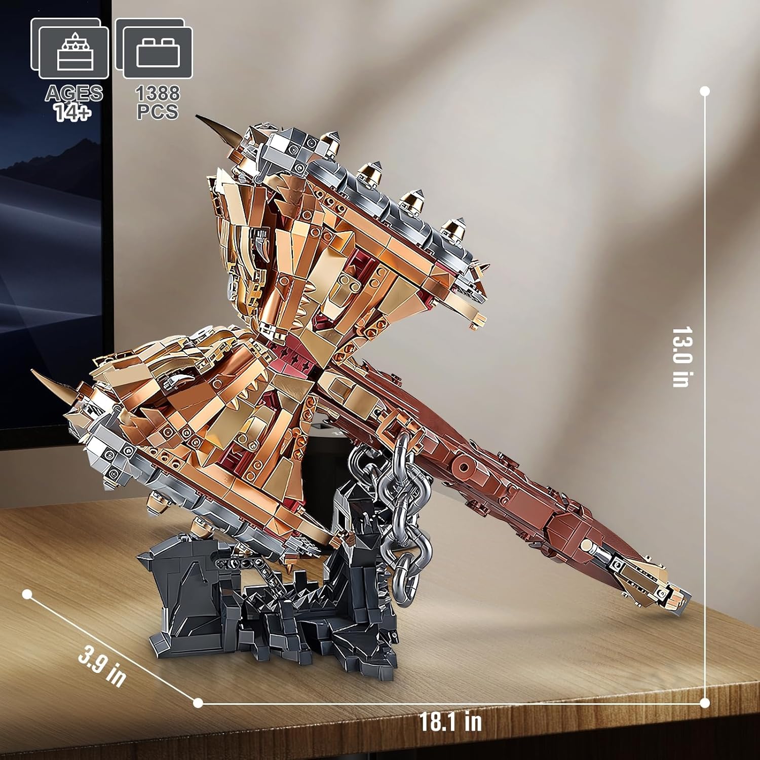 Finger Rock Thor Battle Hammer Building Blocks Set for Adults, Legendary Hammer Building Kit with a Base for Display, 1388 PCS Classic Toy Weapon Model Collection Gifts for Teens 14+