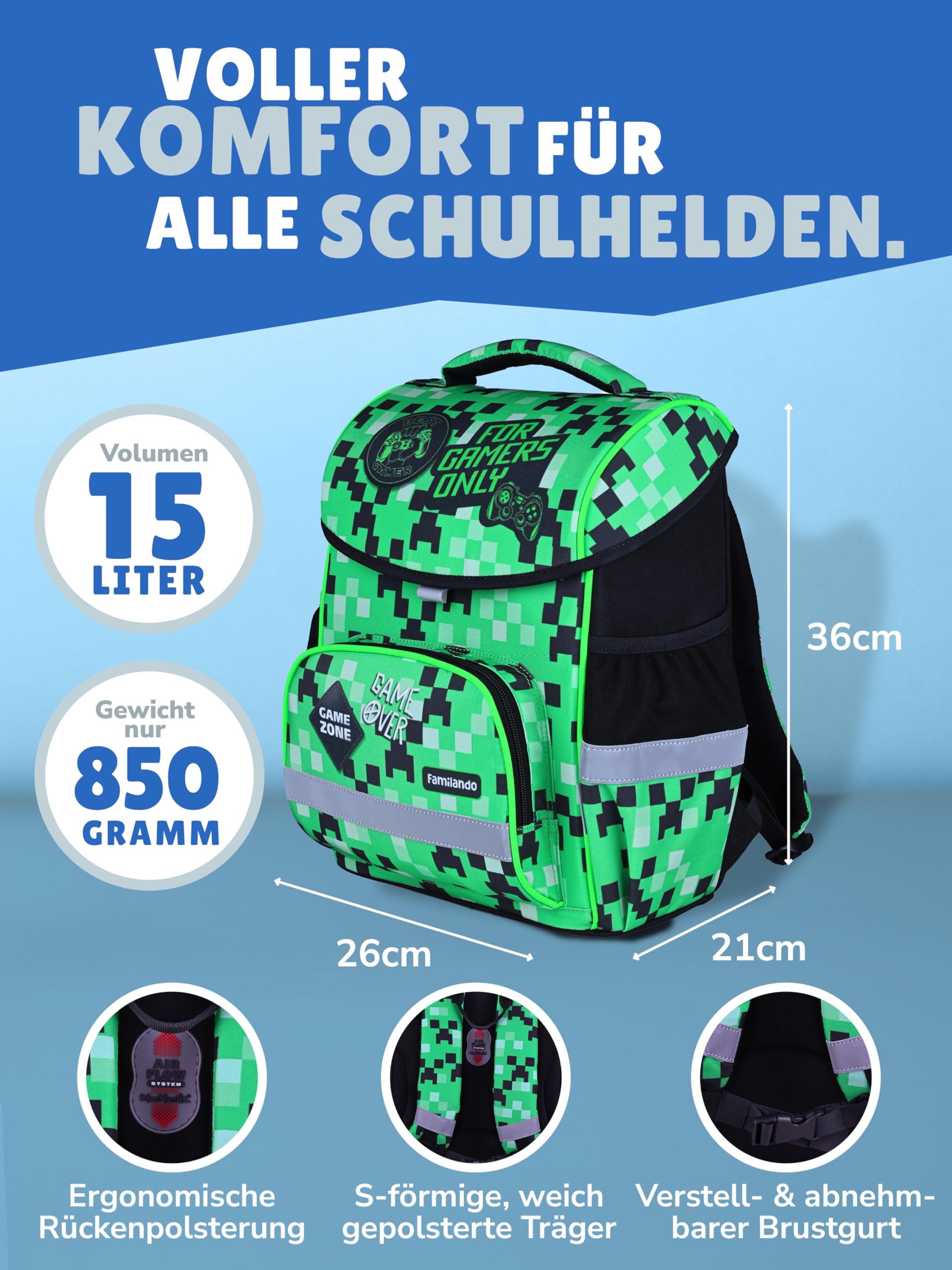 Familando - Basic Plus Schulranzen Set 10-teilig mit Schultüte - Playworld Gaming Pixel - Ergonomisch, stabil & mit gepolstertem Rücken - 850g leicht - 15L Volumen - Mit Reflektoren - Ab 1. Klasse
