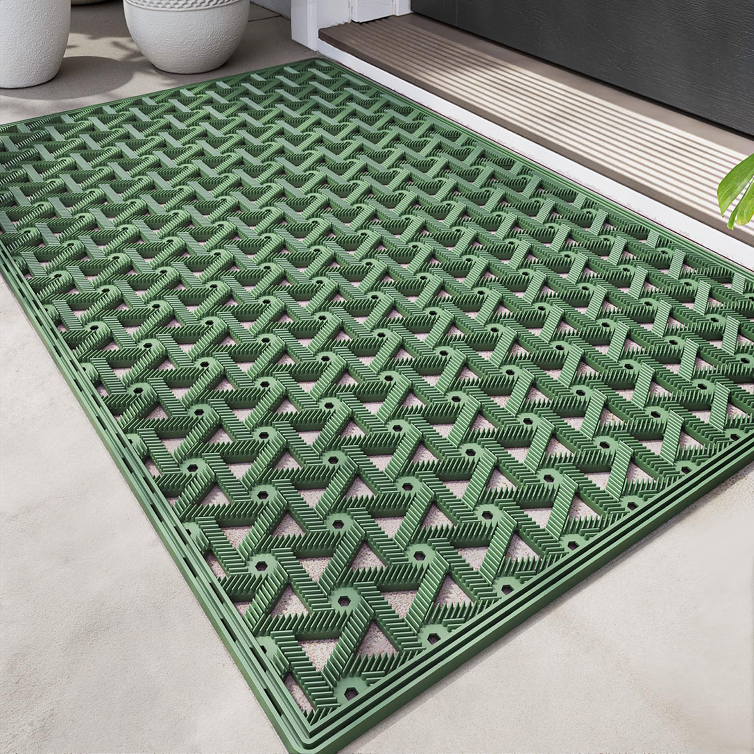 DEXI Outdoor Door Mat 61 x 91 cm, Non Slip Dirt Trapper Doormats Waterproof with Drainage Holes, Low Profile Entry Mats for Entrance, Patio, Garden, Green