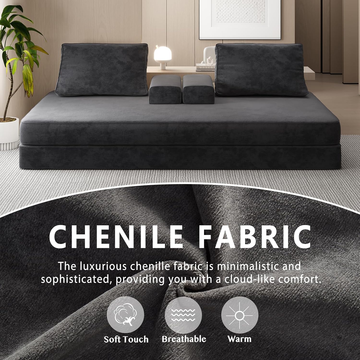 Futon Sofa Bed King Size, Boneless Sleeper Sofa, Oversized Chenille Foldable Couch, Convertible Floor Couches, Modern Folding Mattress, Daybed for Gaming, Living Room, Apartment, Dark Grey