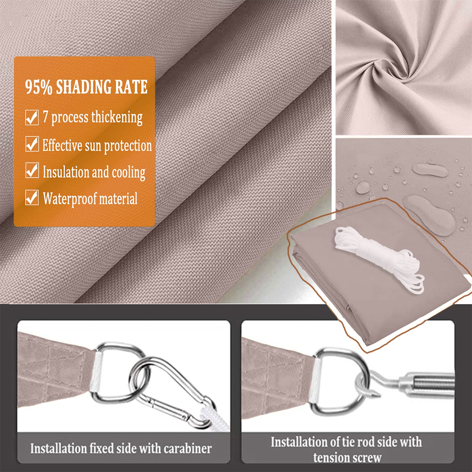 Tenda da Sole a Vela Triangolare Kaki con Kit di Fissaggio, Tenda da Sole Oxford Traspirante con Blocco UV al 95%, tettuccio per Protezione Solare per Prato da Giardino all'aperto,6x6x6M