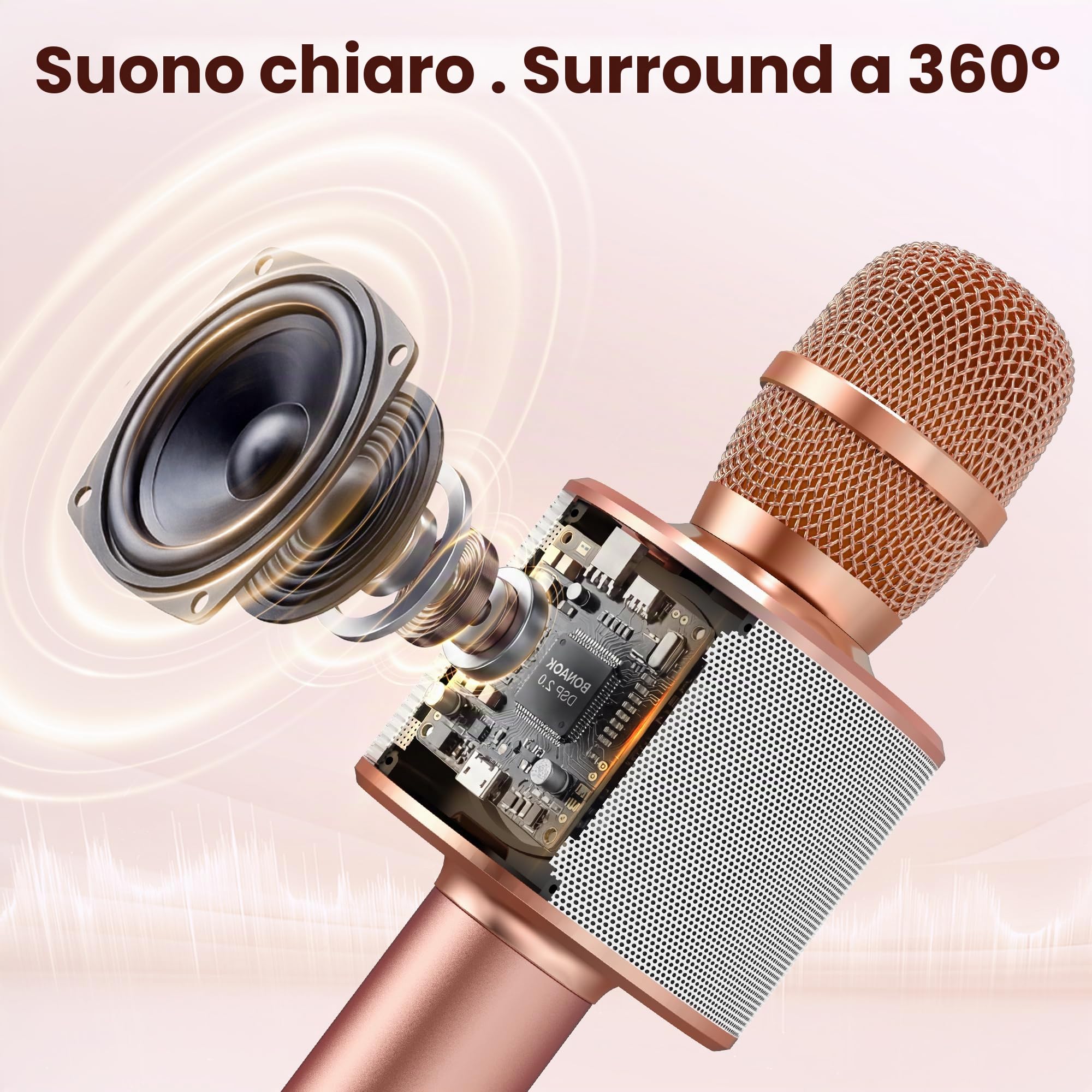 BONAOK Microfono Karaoke Wireless Bluetooth 3-in-1 Palmare Portatile Altoparlante Regalo Compleanno iPhone Android iPad PC Oro rosa