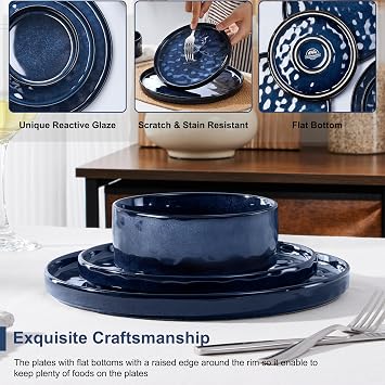 Herogo Stoneware Dinner Set for 4 People, Plates and Bowls, Nebulas Blue | 12 Piece Reactive Glaze Dinnerware for Home Dining, Microwave and Dishwasher Safe, Chip and Scratch Resistant, Ripple Surface