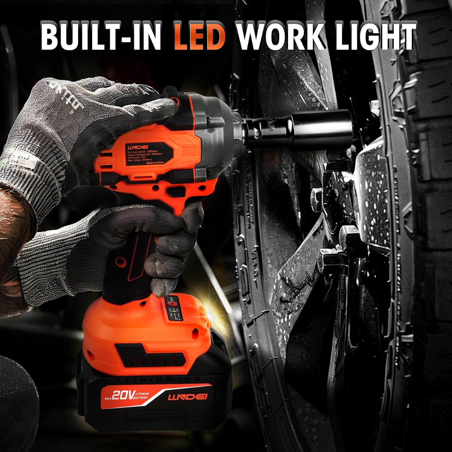 LLNDEI Cordless Impact Wrench 1/2 Inch, Power Impact Gun Kit, Max 550N.M/405Ft-lbs Hich Torque Electric Impact Driver,6 Drill Bits，4 Screwdriver Bits，3.0Ah Battery, 1 Charger, 5 Sockets with Tool Case