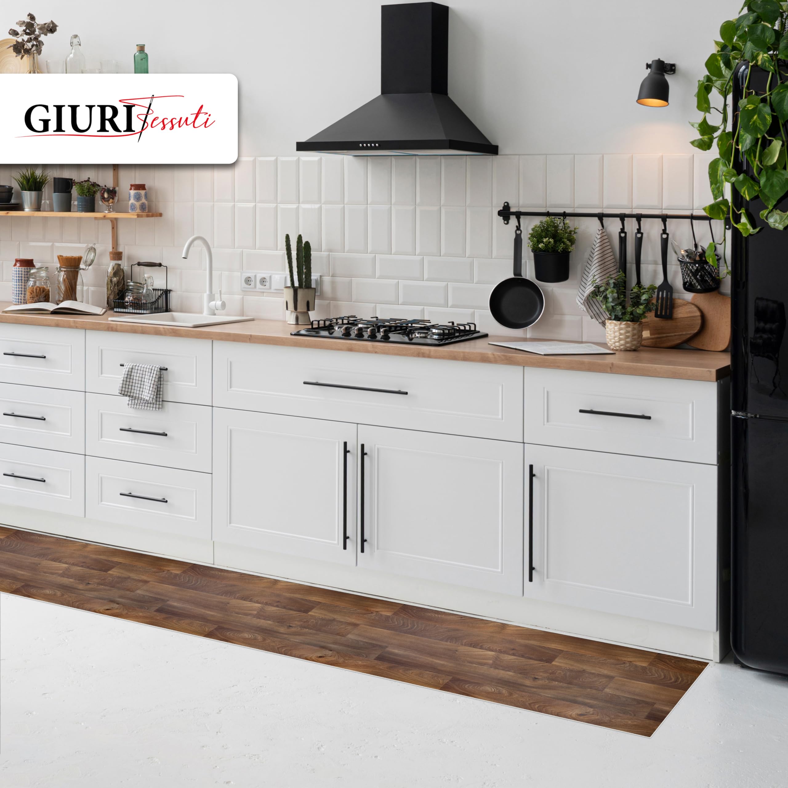 Giuri Tessuti Tappeto Runner in vinile - Passatoia Antiscivolo per Cucina Bagno - Largo 50 cm - Effetto Legno Parquet - Antimacchia (140 Cm, MANDORLA)