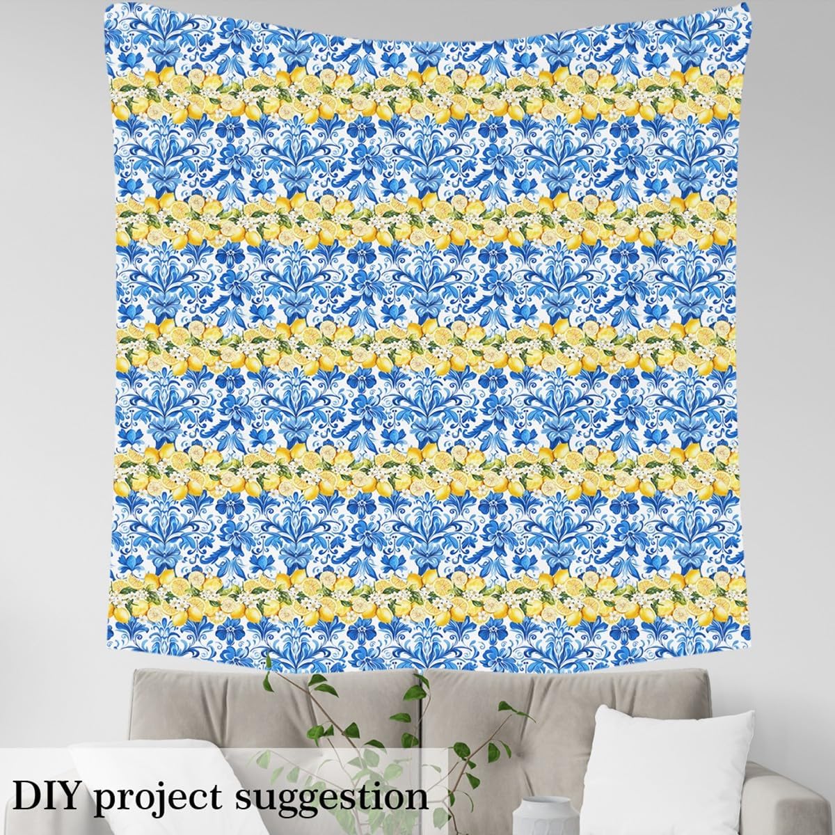 Erosebridal Blue White Porcelain Fabric by The Yard Floral Lemon Waterproof Outdoor Decor Chinoiserie Retro Watercolor Yellow Green Upholstery Decor DIY Decor for Quilting Sewing 3 Yards