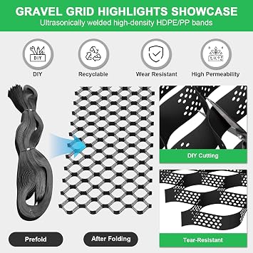 17x9 FT 3 Inch Depth Geogrid Gravel Grid, HDPE Geo Cell Driveway Stabilization Grids, Geo Ground Permeable Stabilization Grid for Landscaping, Parking, Lots Garden (Black)