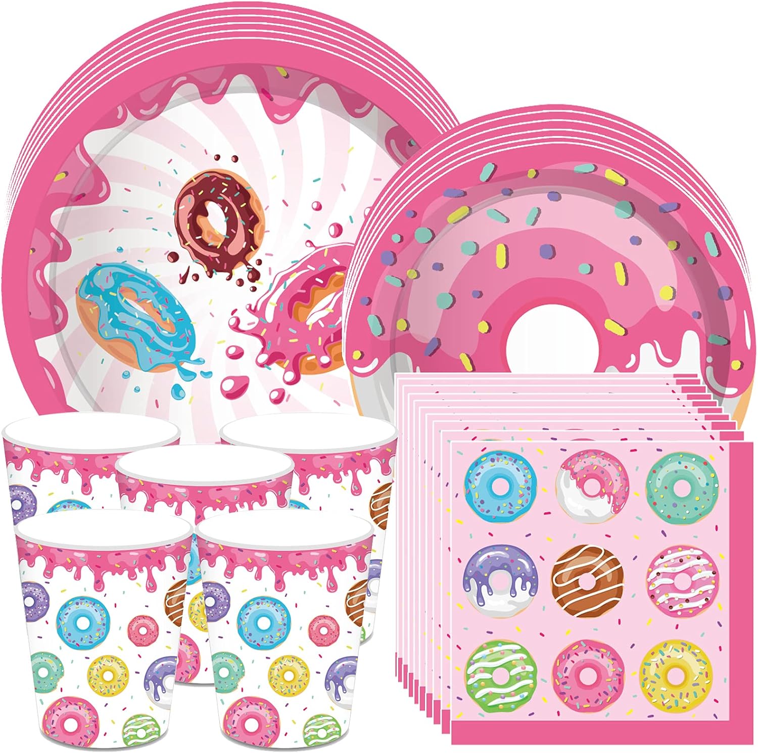 44PCS Donut Party Supplies Set Printed Plates Cups Napkins Donut Food