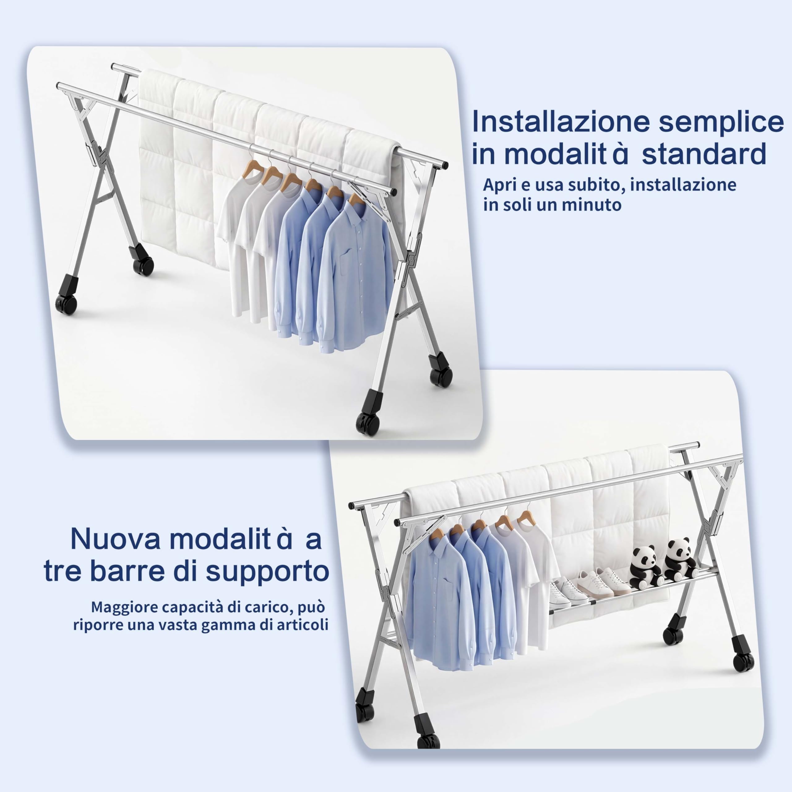 Kiseely Stendibiancheria pieghevole da 240cm per interni ed esterni, stendibiancheria pieghevole, stendibiancheria in acciaio inossidabile resistente, appendiabiti, 20 ganci e 12 clip (200cm)