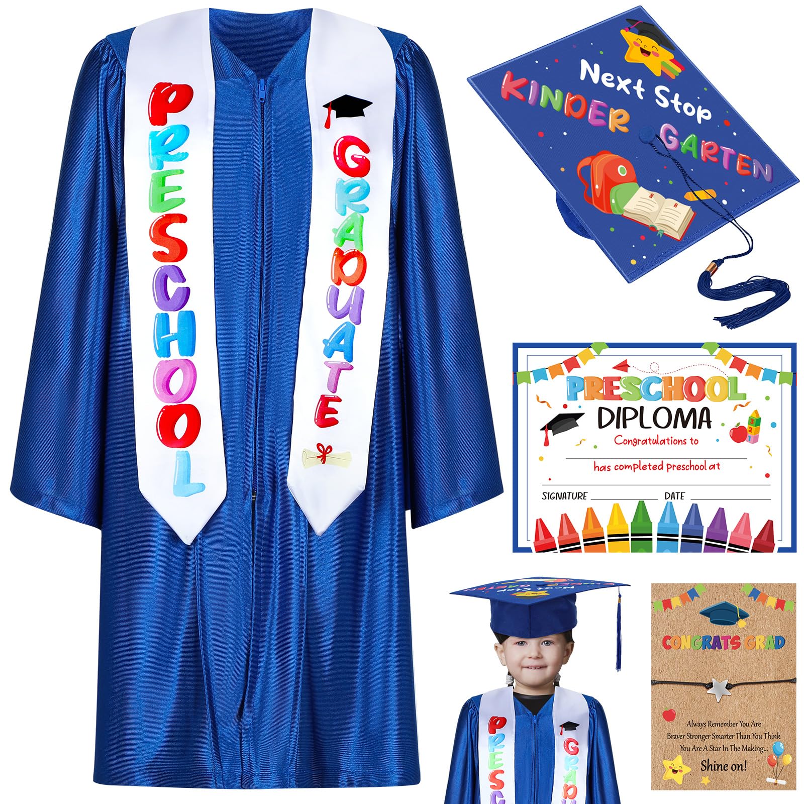 Wesiti 2026 Preschool Graduation Cap Gown Set with Tassel Graduation Stole Bracelet Certificate Gifts for Boys Girls