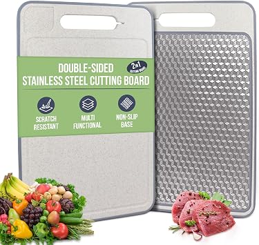 Stainless Steel Cutting Board Double Sided for Kitchen 304 Stainless Steel/Wheat Straw PP Cutting Board for Meat, Fruit, Veg, Non Slip, Juice Groove, Food-Grade Chopping Board, Easy Clean