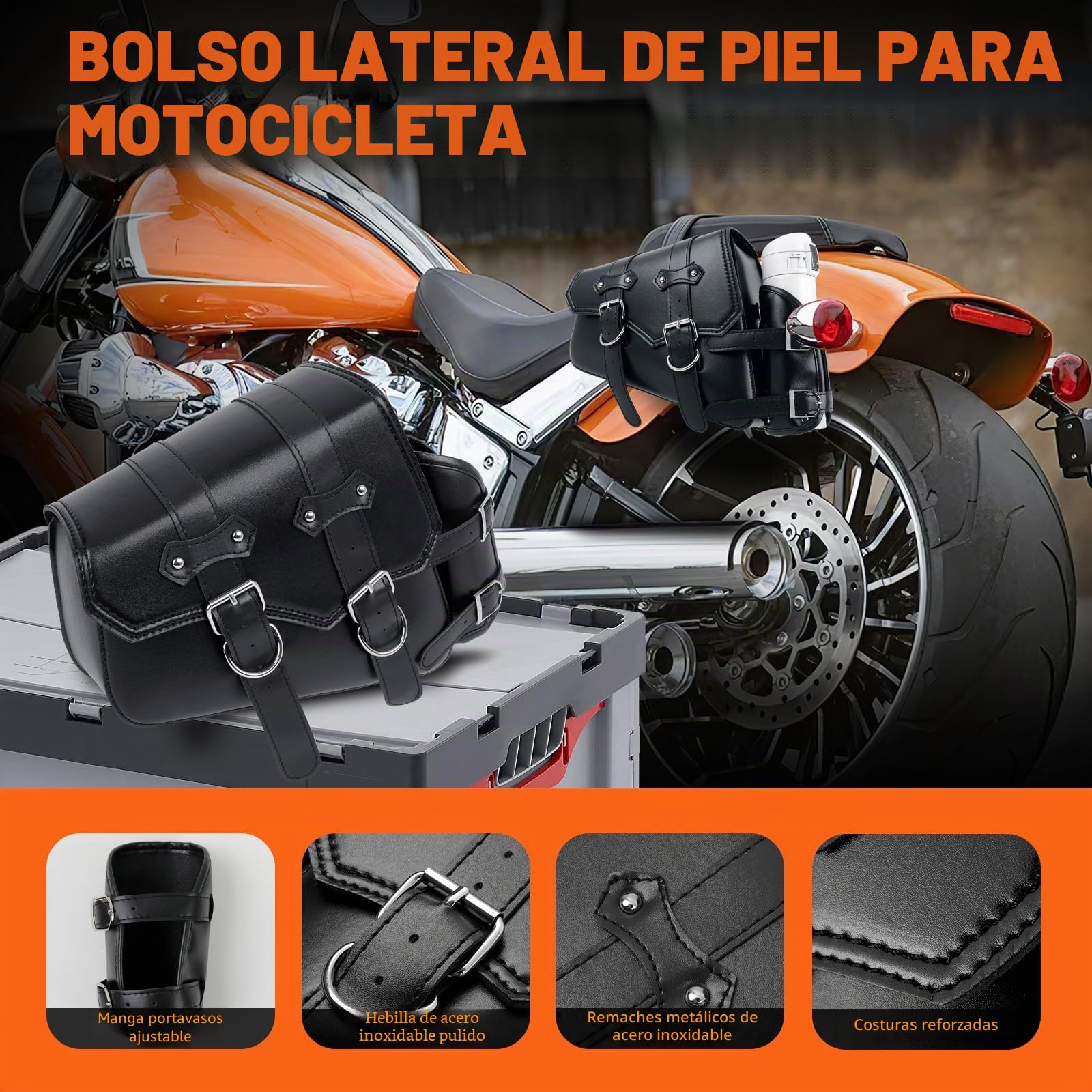 DREAMIZER Bolsa de Sillín Lateral de Cuero Sintético para Motocicleta con Brazo Oscilante Compatible Harley Honda Kawasaki Suzuki Yamaha
