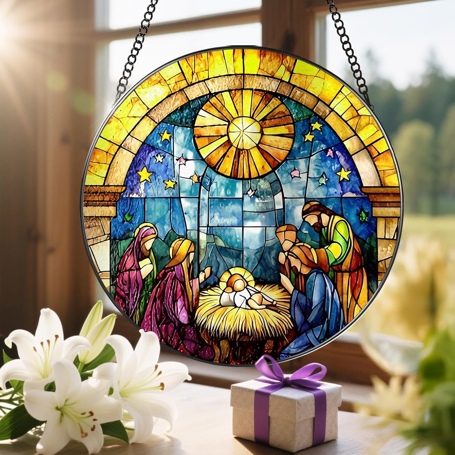 8'' Stained Glass Window Hanging, Nativity Scene Ornament, Christian Christmas Ornament, Holy Family Decoration, Religious Decor, Gift for Christmas, Religious Gifts, Christian Gifts - Image 6