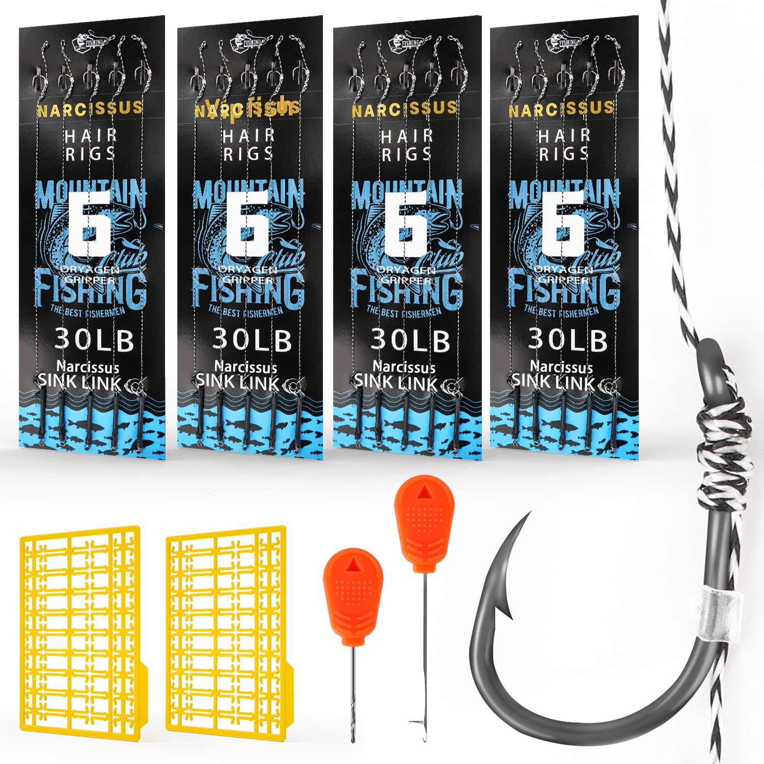 Narcissus 24pcs Carp Hair Rigs – Pre-Tied Bait Rigs with 24 cm Braided Line, Teflon-Coated Hooks (#2, #4, #6, #8), Boilie Stops Included