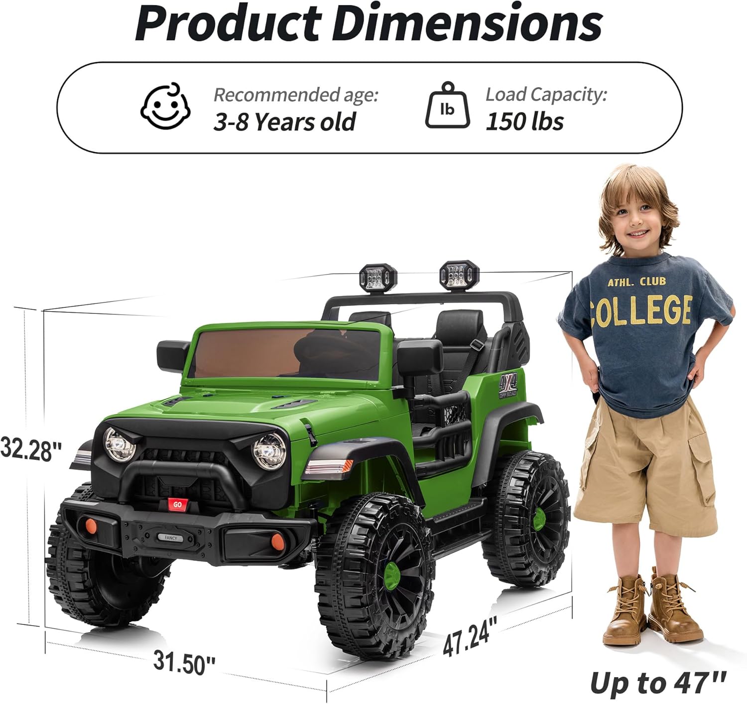 Product dimensions and recommended age/load capacity for the ride-on car.