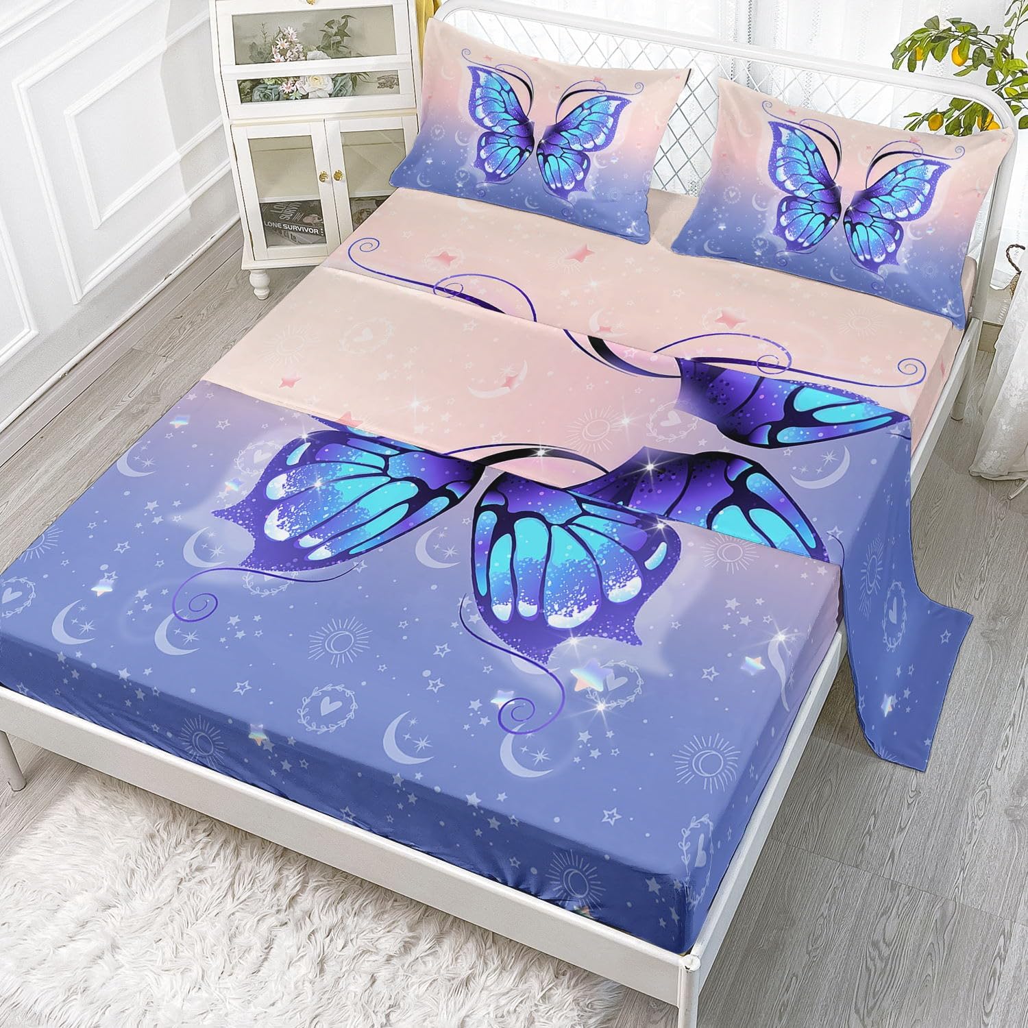 Cloud Queen 4Pcs Kids Bedding Set - Pink Blue Cloud Sky Sheets Set with 1 Flat Sheet, 1 Fitted Sheet & 2 Pillowcases