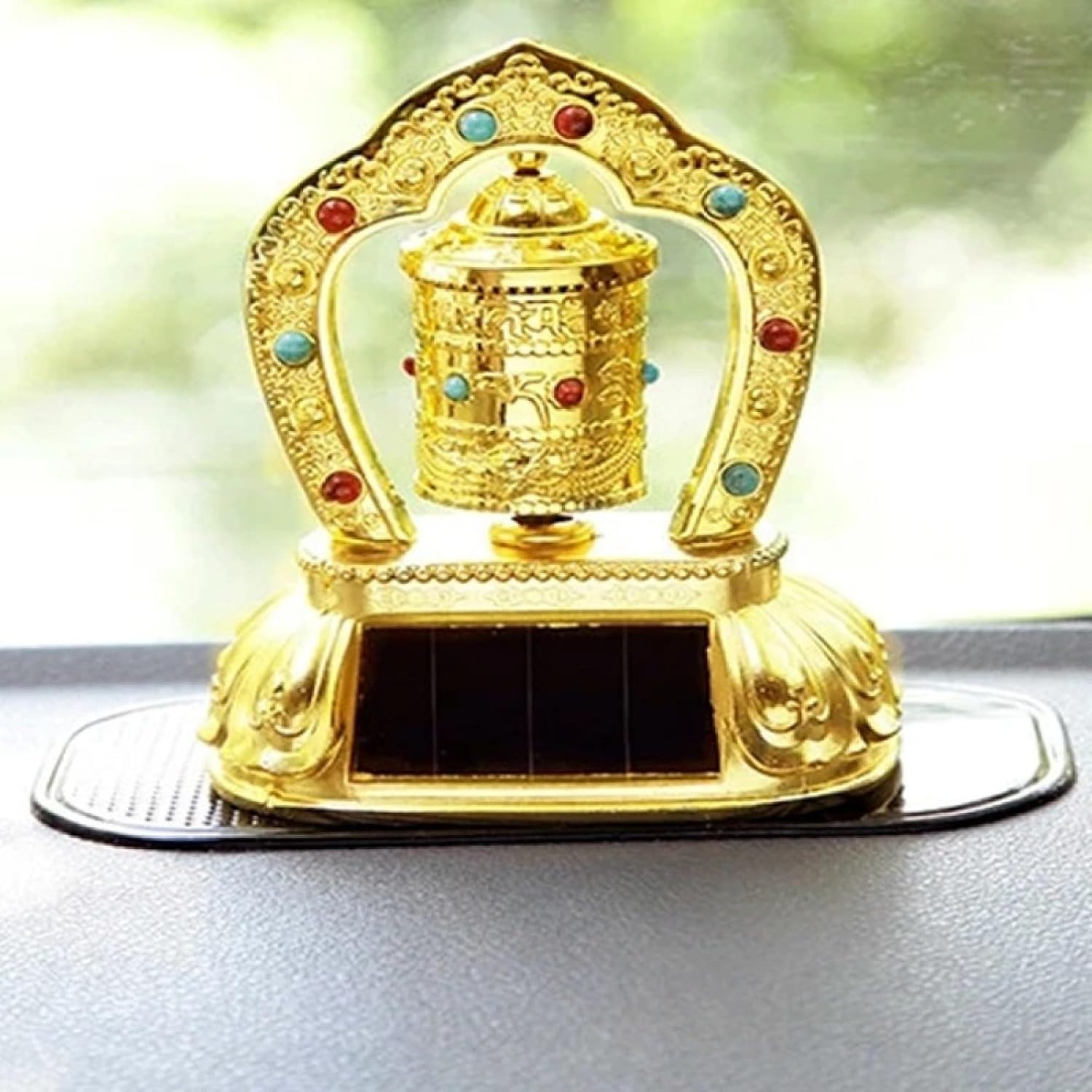 QT Shopping Tibetan Prayer Wheel for Car - Solar Auto Spinning - Buddhism Decoration - Golden Cylindrical Car Accessory - Interior Parts