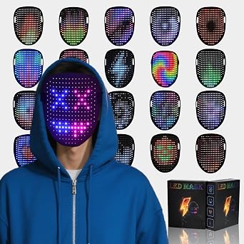 LED Gesture Sensing Light-Up Mask USB-C Rechargeable, 50+ Patterns, Super Long 8H Runtime Perfect for Christmas, Halloween, Cosplay, Festivals, Party Costume