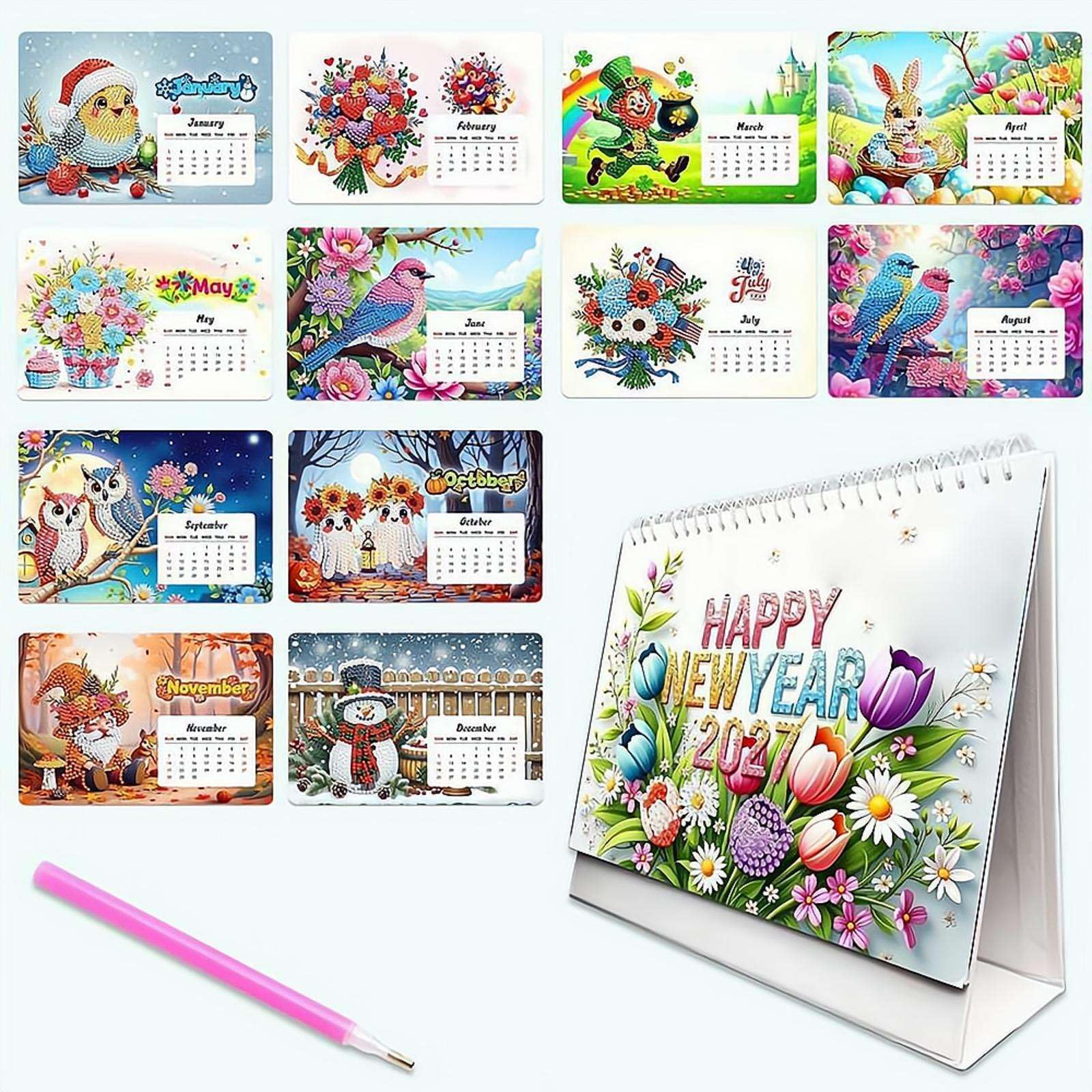Diy Diamond Art Painting 2027 Floral Desk Calendar Ornament, Diamond Art Painting Monthly Flip Tabletop Calendar, for Home Decoration