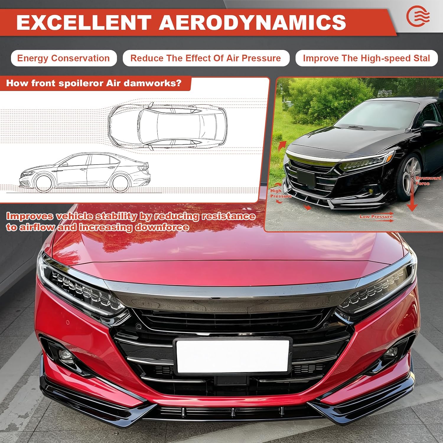 Front Bumper Lip Splitter for Honda Accord Sedan 2021-2022, Gloss Black 3PCS Front Chin Spoiler Air Dam Body Kit, Compatible with 10.5th Gen Accord SE/EX-L/LX/Sport/Touring