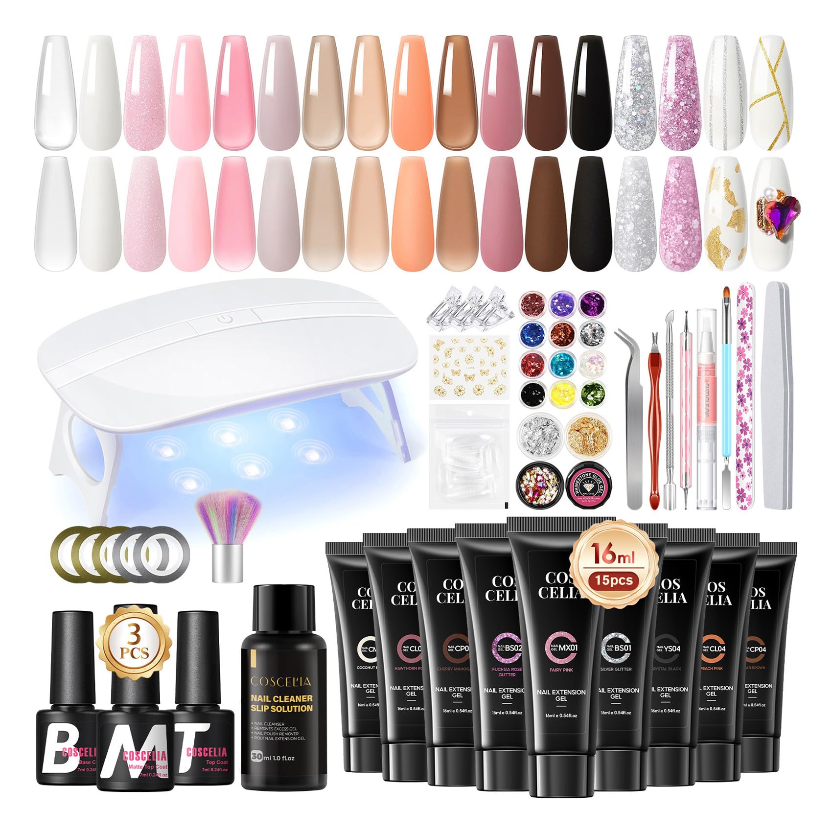 Coscelia Kit Ricostruzione Unghie 15 colori 16ml Gel Ricostruzione Unghie con 6W Lampada Unghie, 30ml Slip Solution, Base e Top coat Semipermanente, Kit Unghie Completo per Principianti