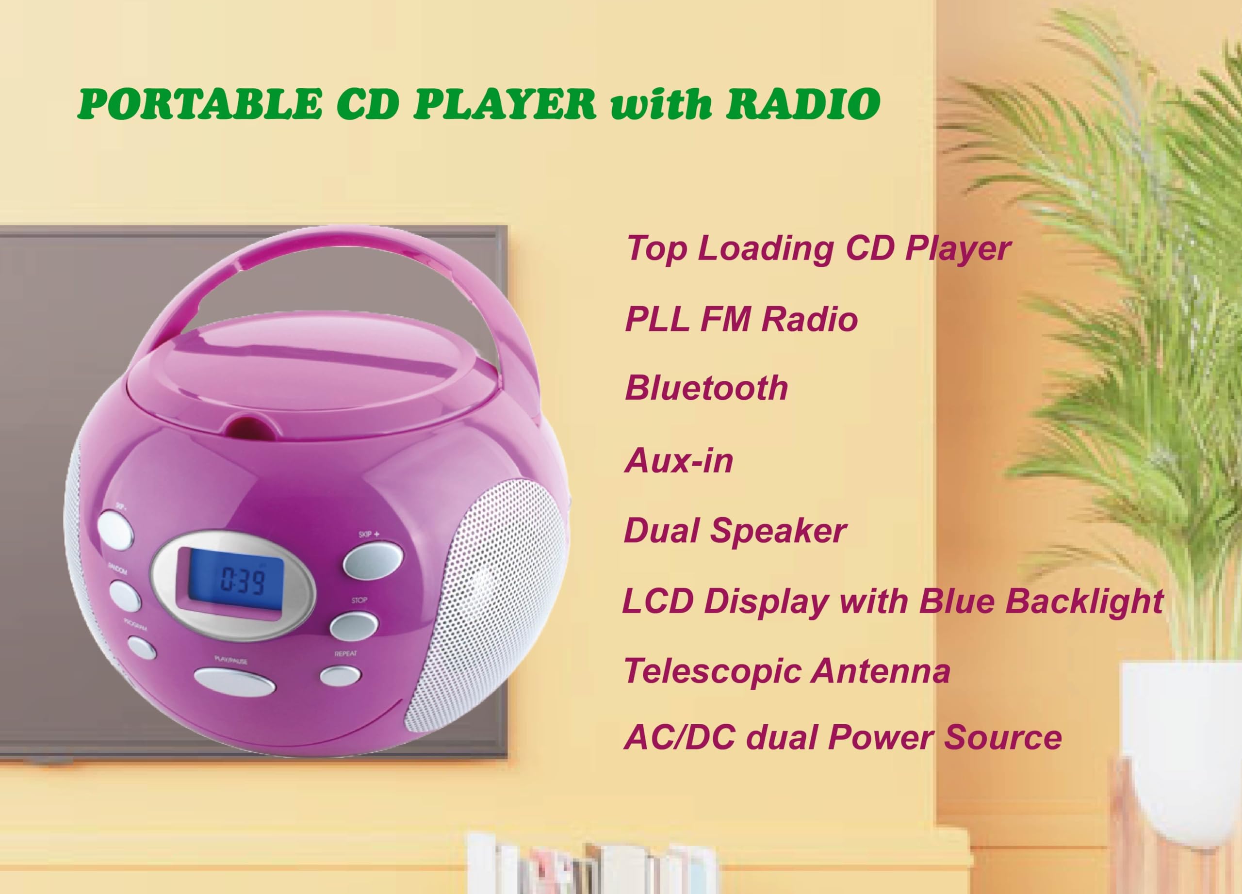 HANNLOMAX HX-305CD Portable CD Boombox, PLL FM Radio, Bluetooth, LCD Dislay with Backlight, Aux-in, AC/DC Dual Power Source (Purple)
