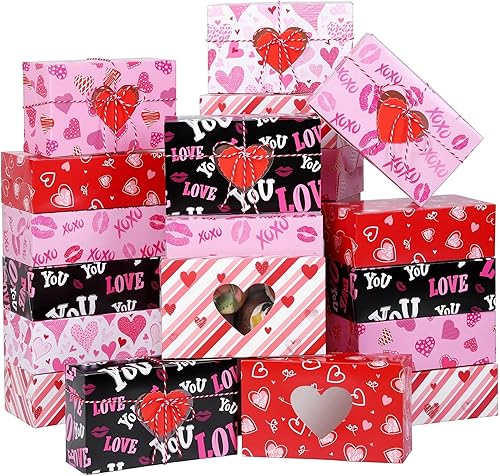 MIMIND Cajas de galletas para el día de San Valentín de 7.8 x 4.7 x 2.75 pulgadas, cajas de pastelería con ventana de corazón, cajas de dulces con