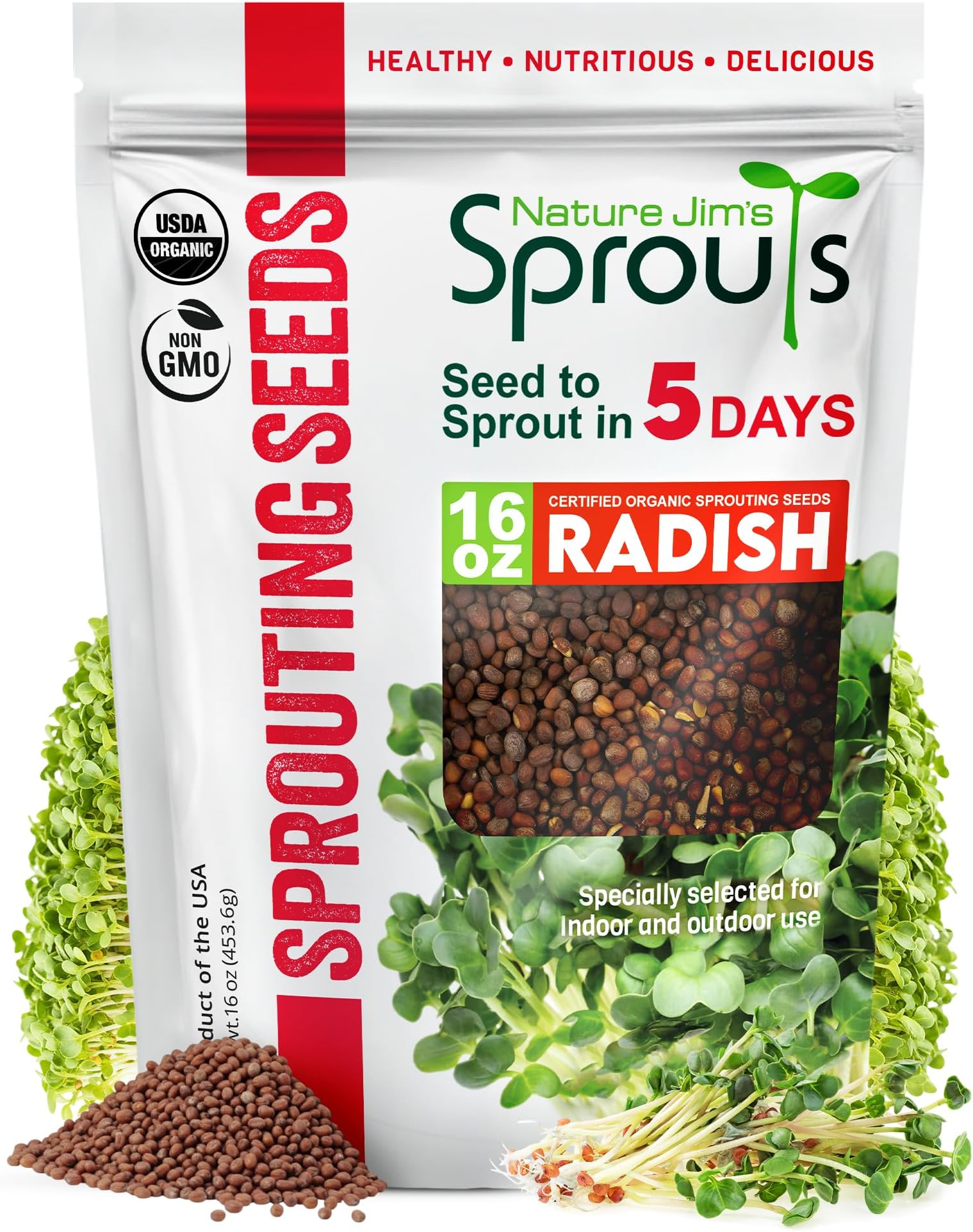Nature Jims Organic Radish Sprout Seeds – 16 Ounce Premium Non-GMO Radish Seeds for Sprouting, Rich in Vitamins, Minerals, Fiber & Protein – Microgreen & Sprout Seeds for Home Growing