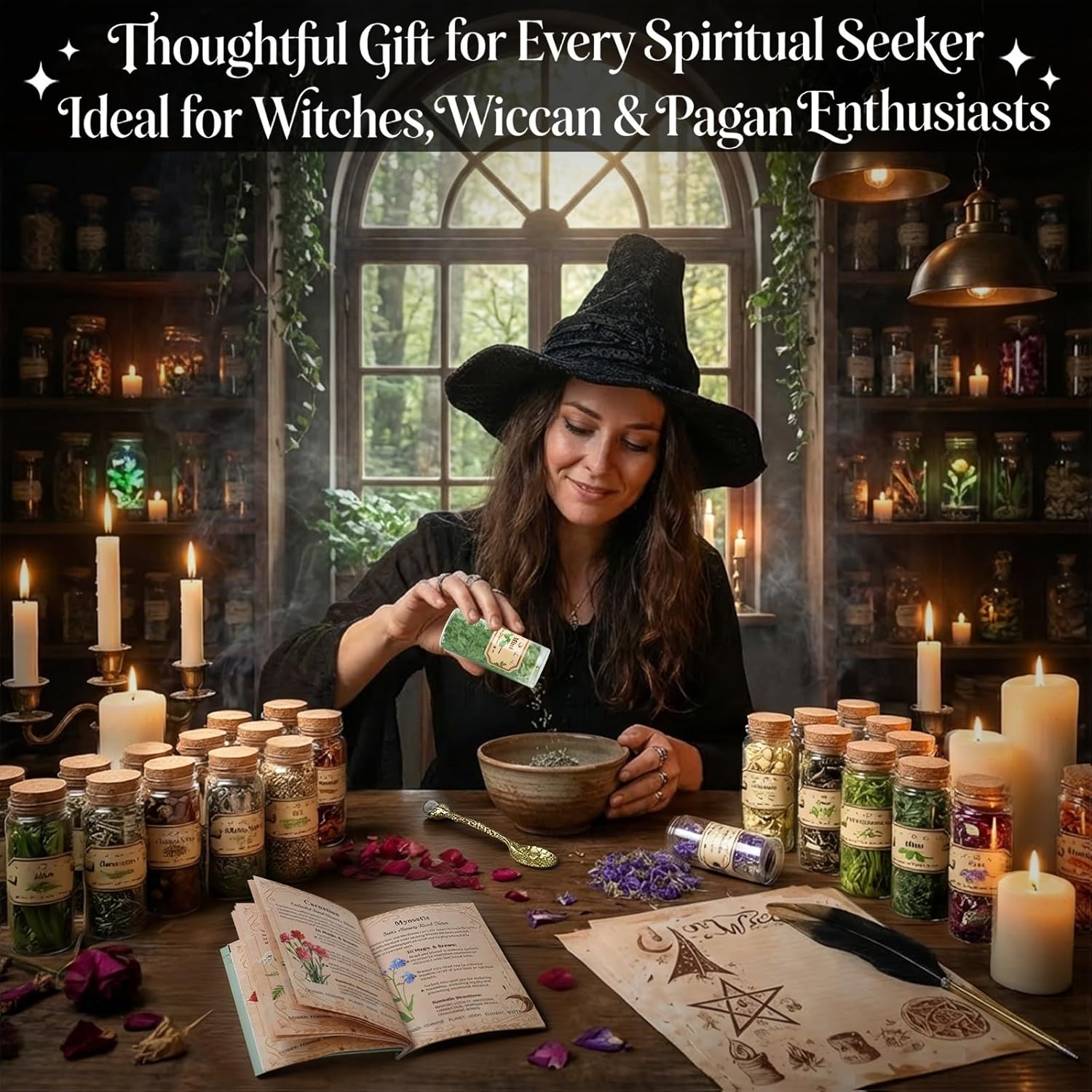 Witchcraft Kit with 30 Herbs – Complete Wiccan Starter Set with Spell GuideBook, Feather Pen, Parchment Paper & Spoon | All-in-One Ritual Supplies for Spells, Altar & Spiritual Witchy Gifts