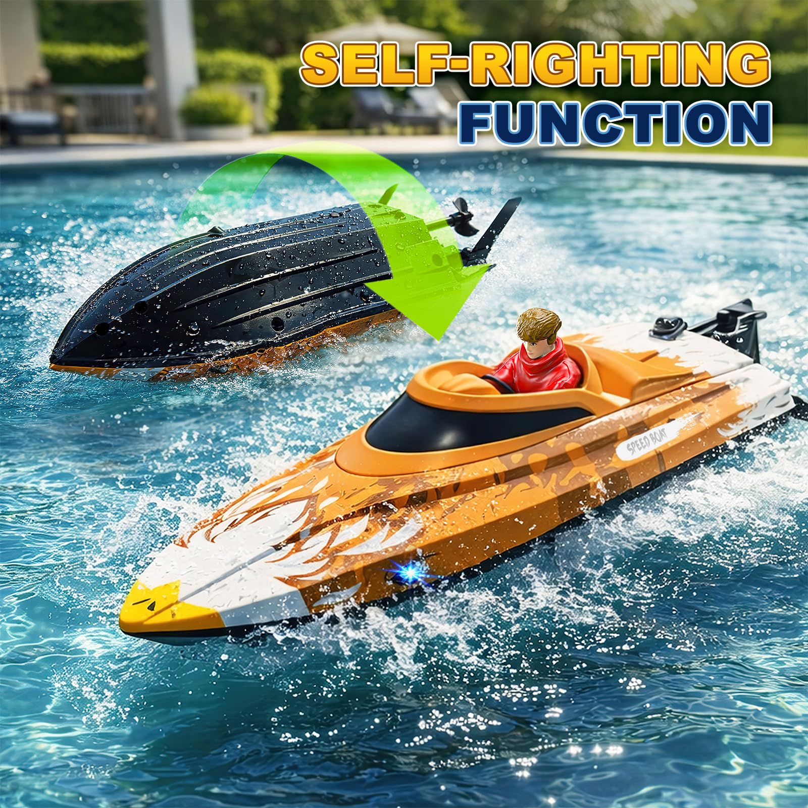 YESHIN Barca radiocomandata autoregolante per bambini 8-12 e adulti, 25 KPH veloce RC Speed Boats con luci LED, allarme batteria scarica, 2,4 GHz, giocattolo da corsa impermeabile per piscina e lago