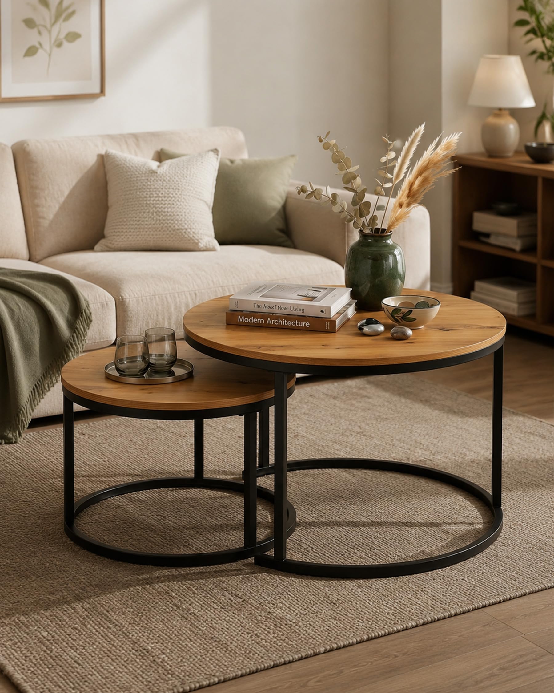 Couchtisch Rund Holz Beistelltisch Couch 2er Set 70cm Coffee Table | Wohnzimmertisch Rund Holz mit schwarzem Metallrahmen Couchtisch 70 x 70 mit natürlichen Holztrukturen