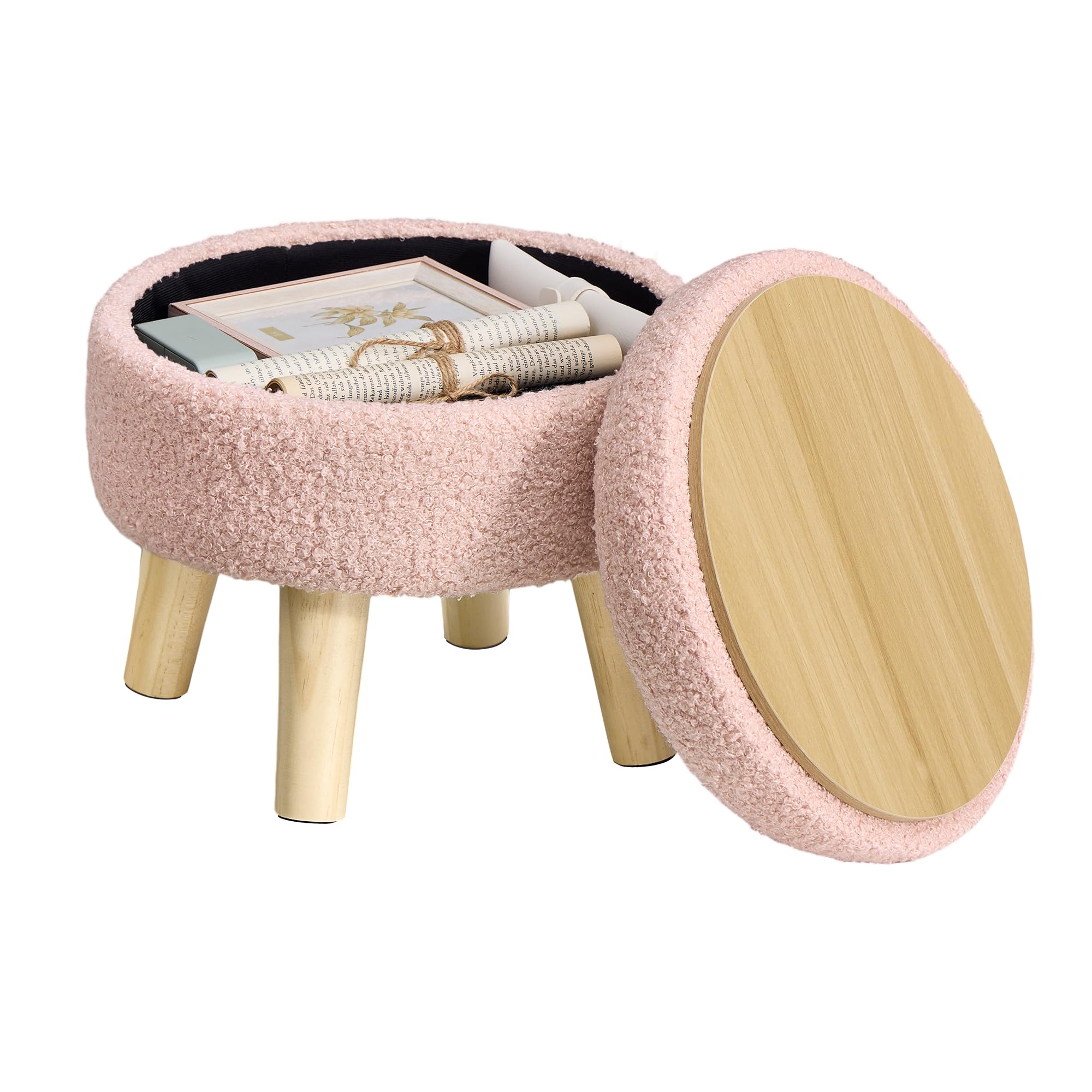 SONGMICS Round Storage Ottoman, Footstool with Padded Seat, Wood Legs